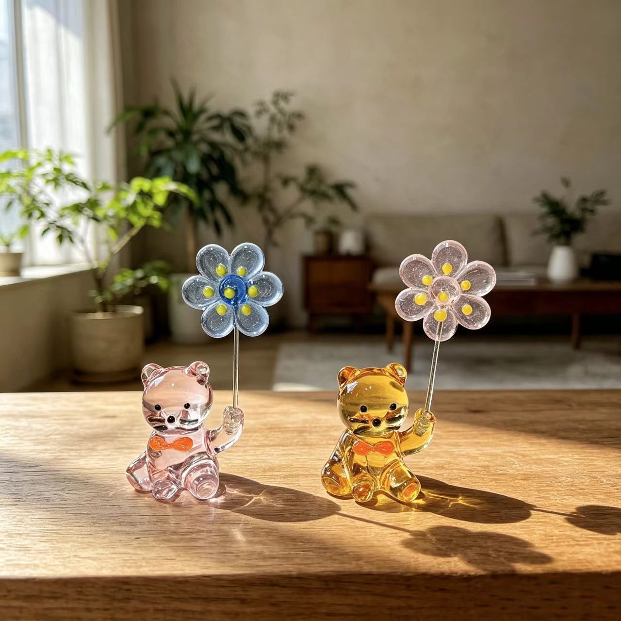 Paper Weight Crystal - 일본풍 유리 고양이 문진자 꽃 장식